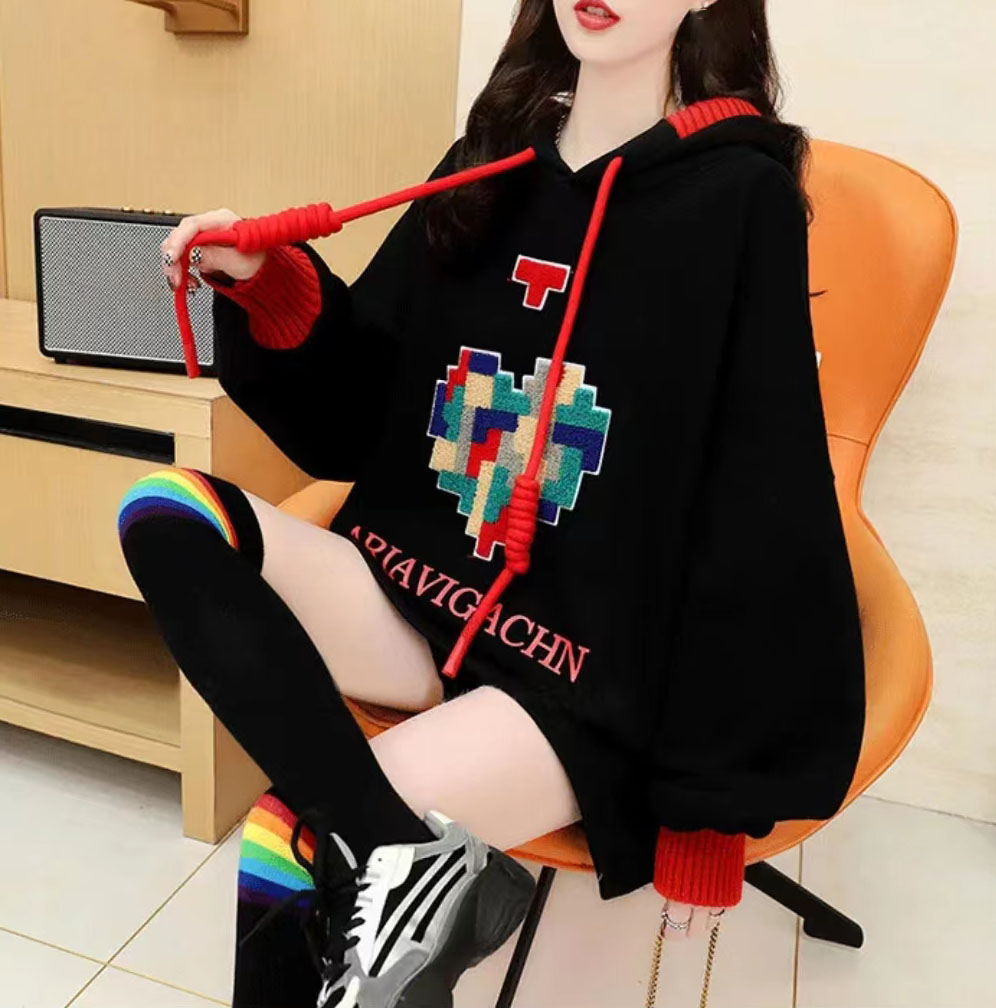 加绒加厚甜美学院风秋冬拼色刺绣卫衣女2025新款爆款连帽长袖外套