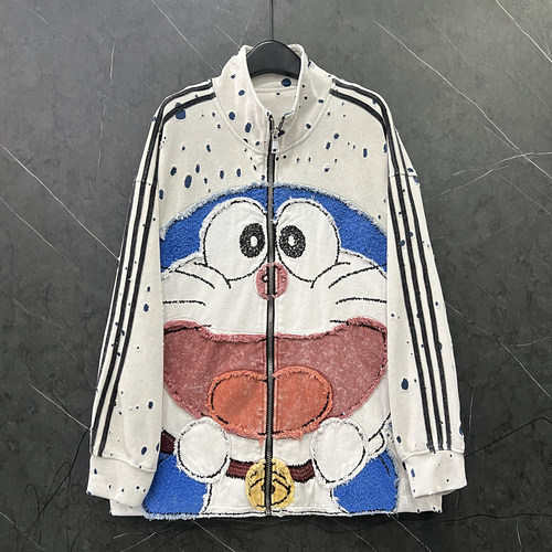 秋冬重工新款破洞贴布刺绣卡通机器猫卫衣外套女宽松休闲百搭上衣