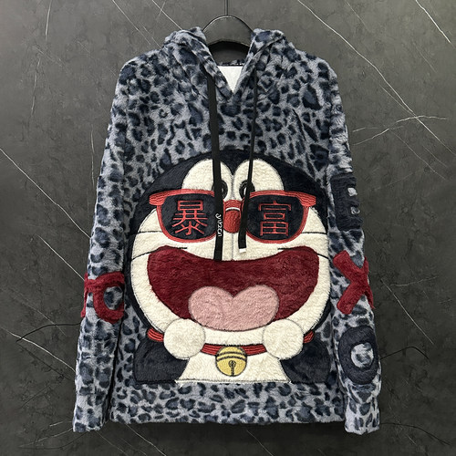 2025秋冬重工新款卡通机器猫毛绒刺绣连帽豹纹卫衣女宽松休闲上衣