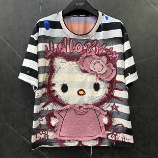 2026夏季新款重工刺绣条纹Kitty猫卡通短袖T恤女宽松休闲减龄上衣