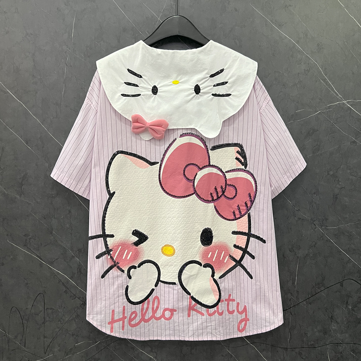 夏季娃娃领Kitty猫短袖条纹衬衫