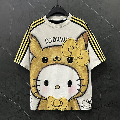 春夏重工新款卡通Kitty猫短袖T恤女宽松休闲甜美风半袖打底衫上衣