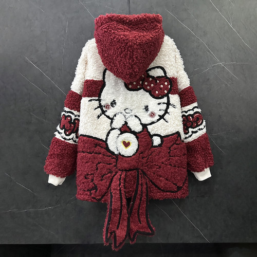 2025冬季重工新款卡通kt猫毛毛加绒连帽外套女宽松休闲甜美风上衣