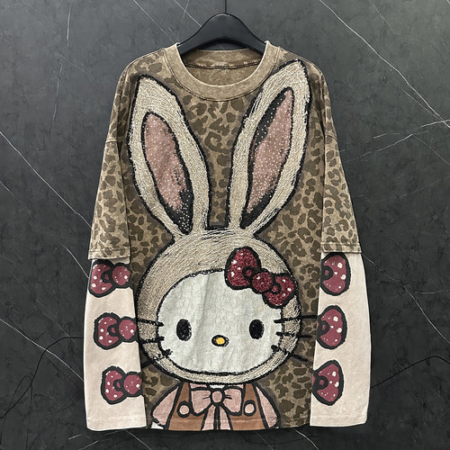 秋冬重工新款卡通kt猫假两件豹纹长袖T恤女宽松休闲风中长款上衣