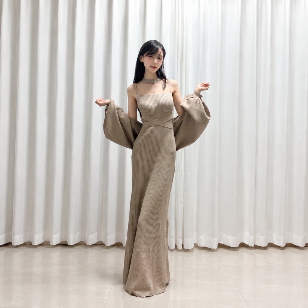 卡其色两件交叉绑带长裙开衫套装