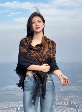 复古黑色豹纹丝巾女秋冬装饰