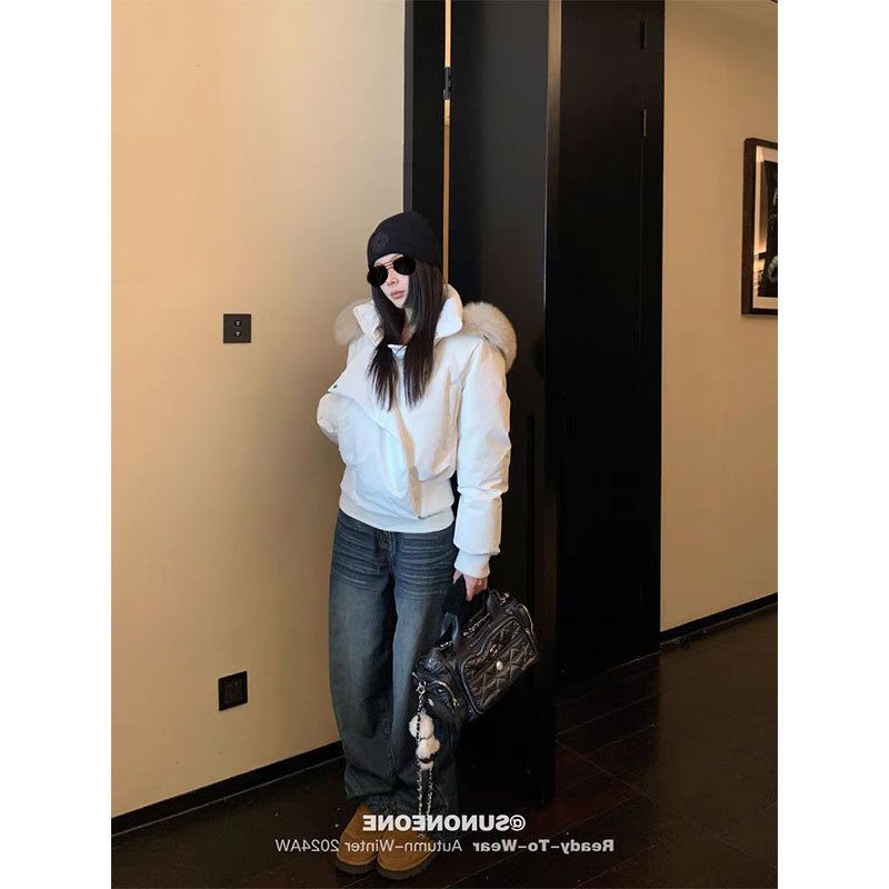 SUNONEONE 狐狸毛领白色短款羽绒服女冬季加厚白鸭绒连帽外套