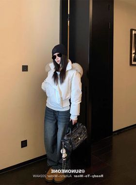 SUNONEONE 狐狸毛领白色短款羽绒服女冬季加厚白鸭绒连帽外套