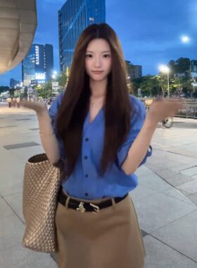 晓ting同款韩系V领衬衫裙裤套装