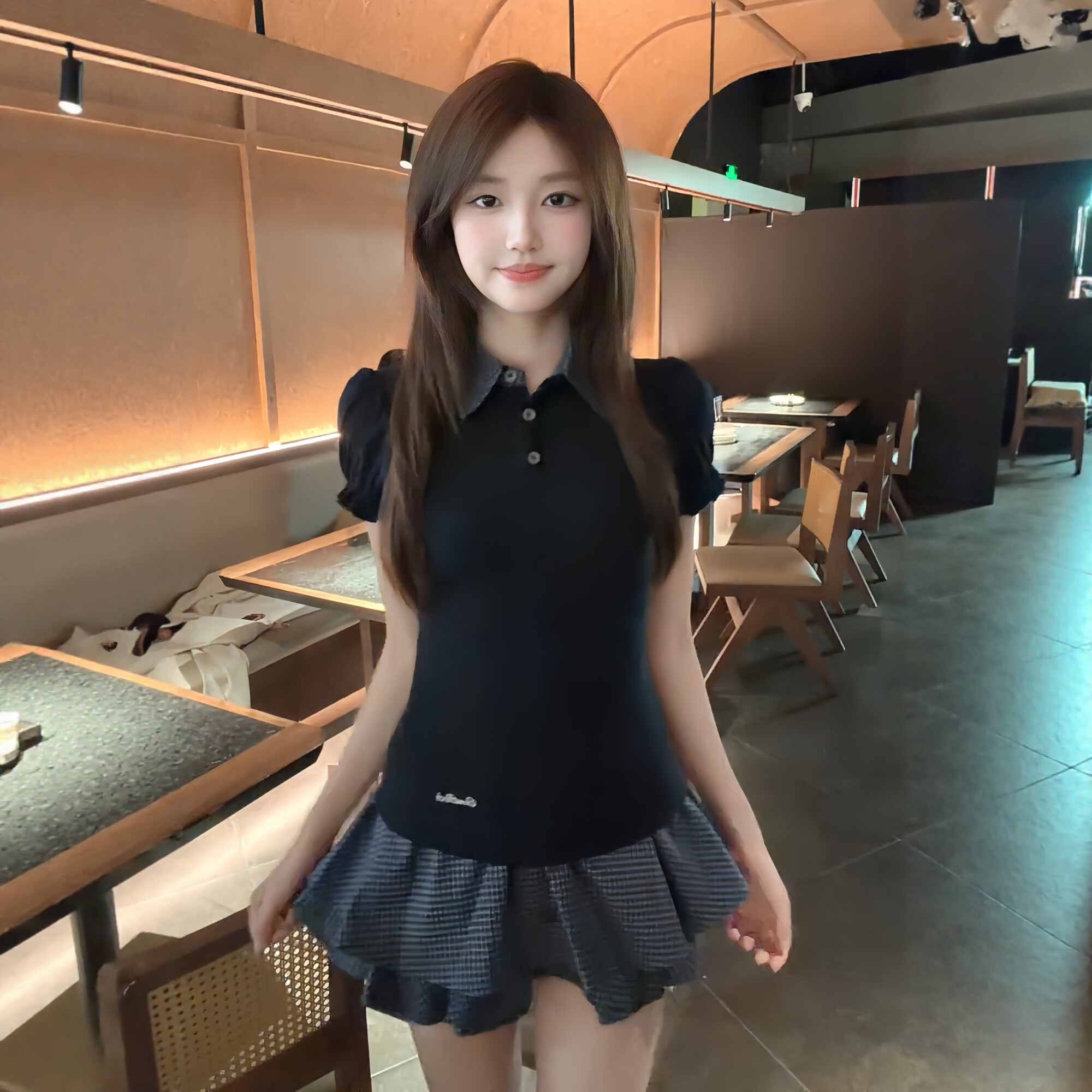 睿睿同款黑色POLO衫格子短裙两件