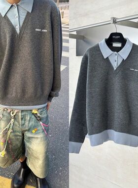 夜刀神狗同款灰色假两件秋冬毛衣衬衫潮牌新款羊毛混纺男女情侣装