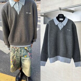 夜刀神狗同款灰色假两件秋冬毛衣衬衫潮牌新款羊毛混纺男女情侣装