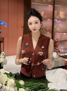李老板的三宝贝同款棕咖色马甲背心新款春夏茶具花朵绣花羊毛针织