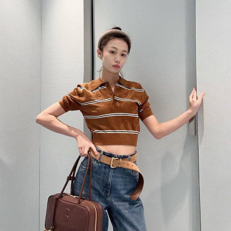 田田小阿姨同款棕POLO衫短袖针织