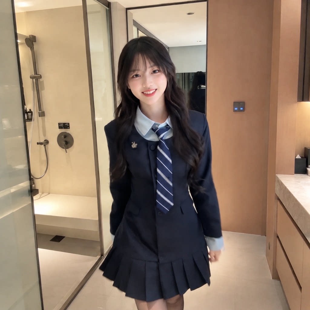 学院风藏青假两件翻领收腰连衣裙