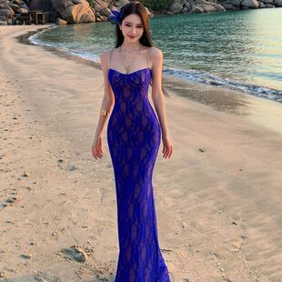 鹿鹿鹿度假风宝蓝色蕾丝吊带连衣裙女修身露背鱼尾包臀长裙纯欲风
