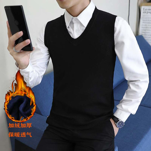 马甲背心坎肩无袖v领加绒毛线衫