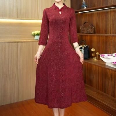 正品好货时尚中老年女新中式七分袖连衣裙春秋妈妈装遮肉显瘦长