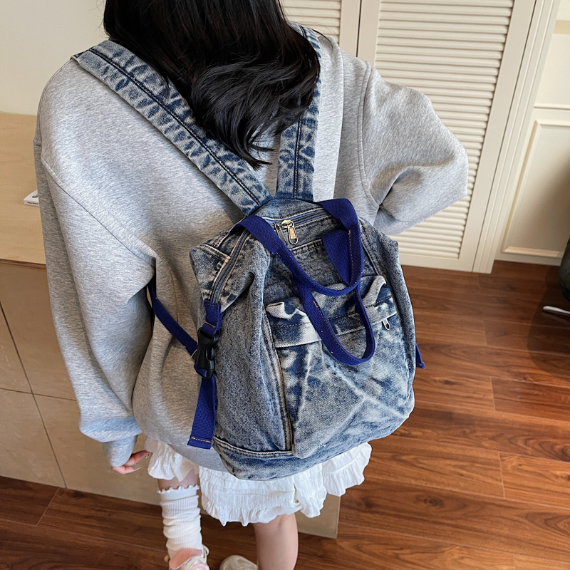 水洗牛仔简约2025新款潮大容量学院风森系背包双肩包女学生书包男