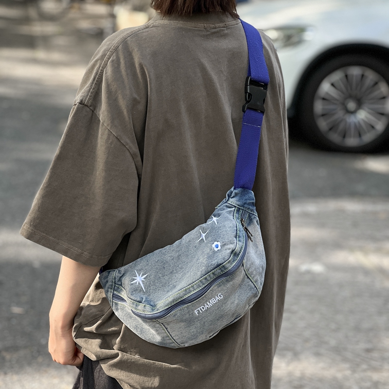 日系复古牛仔包腰包男潮牌ins单肩斜跨包女街头潮流百搭运动胸包