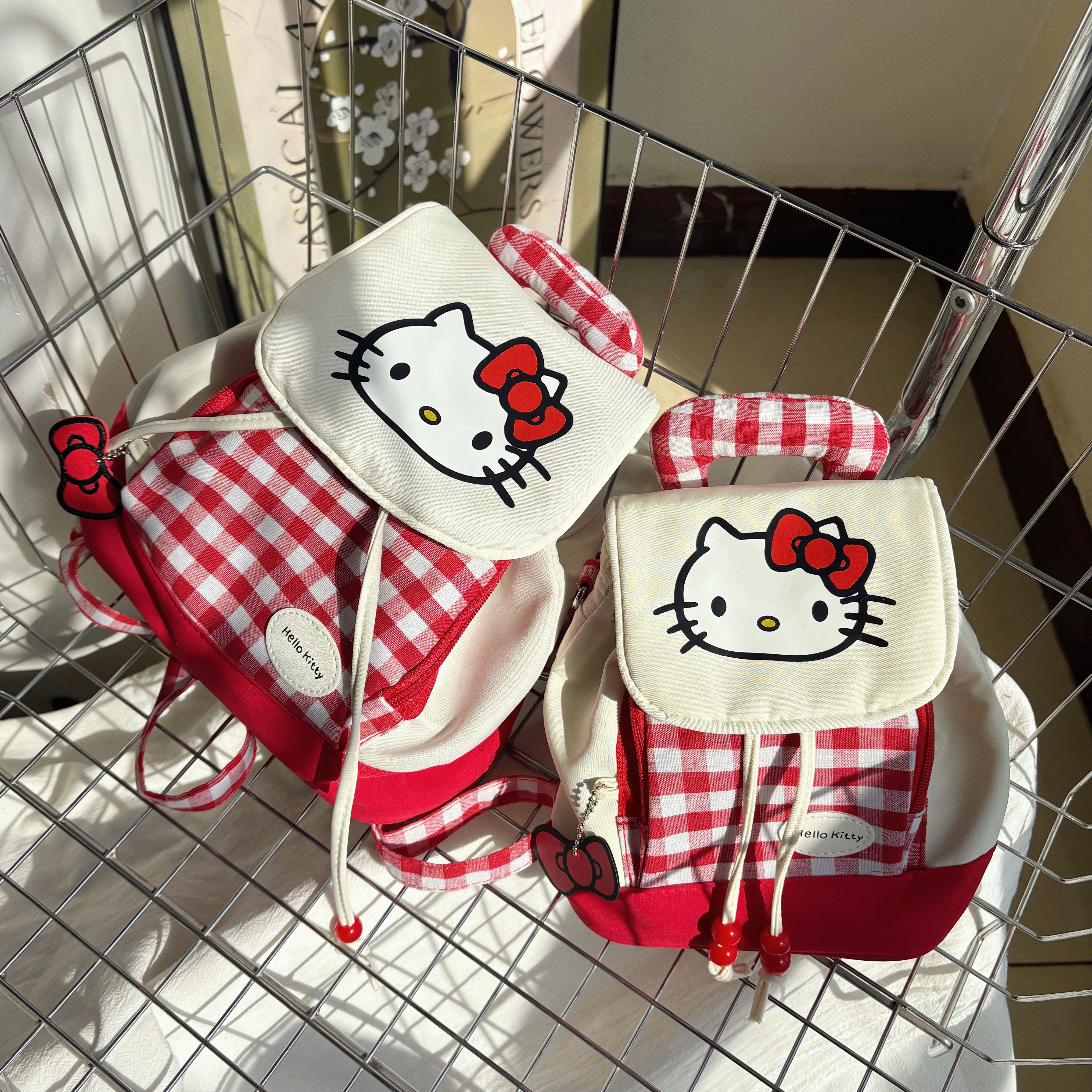 红格子kt猫学院风双肩包手提抽绳翻盖日系可爱少女背包卡通小书包