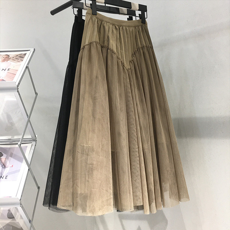 自然码秋季新品设计感时尚高端气质网纱百褶半身长裙7q-2b60715