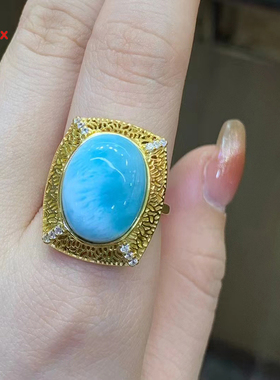 天然海纹石蛋面戒指s925银镶嵌拉利玛轻奢时尚珠宝