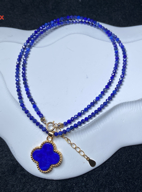 s925银镶嵌青金石套链四叶草轻奢时尚项坠细小