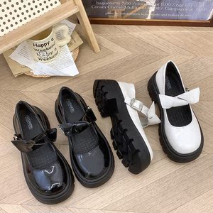 深霖黑色厚底蝴蝶结玛丽珍鞋女2024年新款可爱学院风小个子小皮鞋