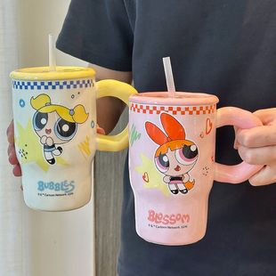 女生高颜值水杯办公室咖啡杯情人大容量 飞天小女警马克杯带盖新款