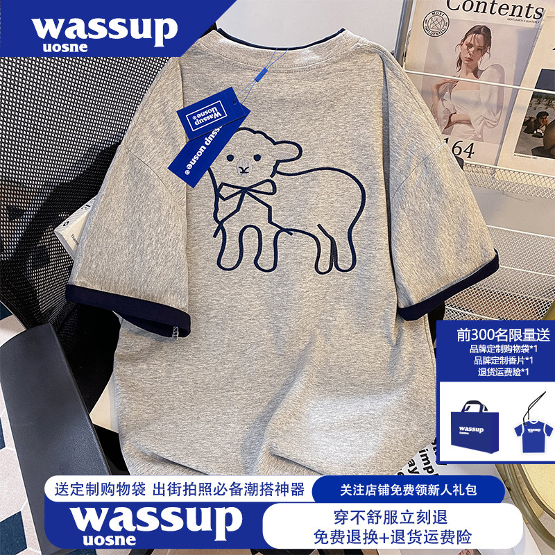 WASSUP美式复古潮牌刺绣小羊短袖t恤男女夏季高质量纯棉休闲上衣
