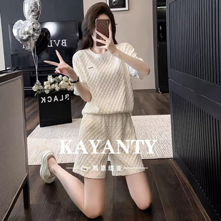 短褲 KAYANTY白色洋氣肌理紋時尚 套裝 休閑短袖 兩件套寬松運動跑步