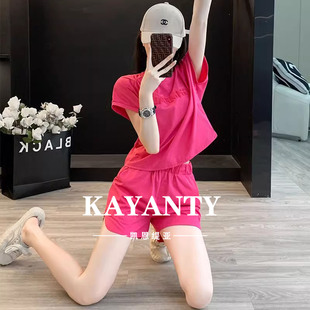 短褲 KAYANTY休閑時尚 運動套裝 玫紅色短袖 兩件套寬松洋氣減齡跑步