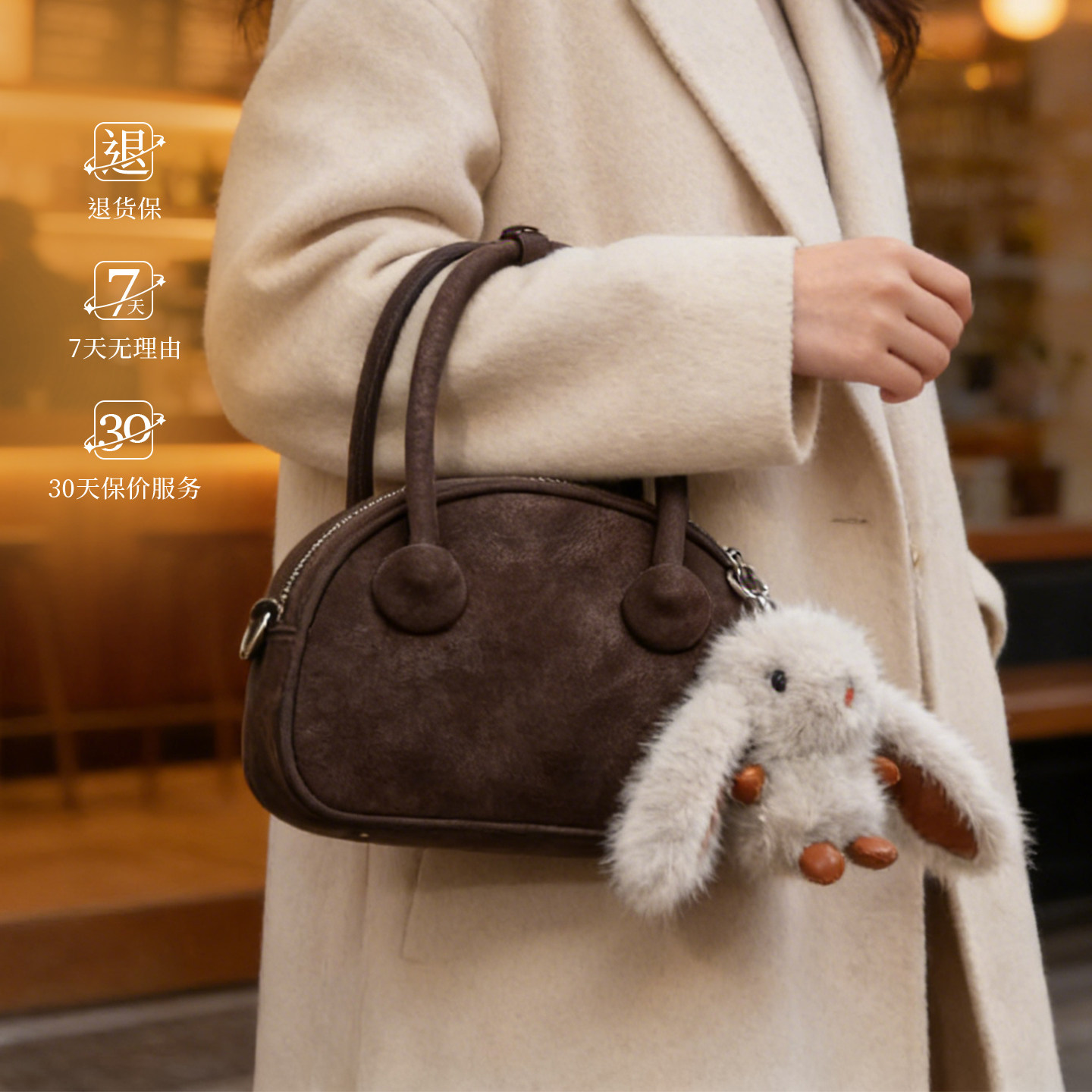 2026新款高级感复古麂皮保龄球包女手提斜挎包通勤百搭小拎包女包