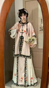 重工印花格格曹縣馬面裙 清漢女復(fù)原對襟圓領(lǐng)古董民族服裝 滿園