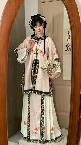 花神司【满园】清女复原对襟圆领古董民族服装重工印花格格曹县