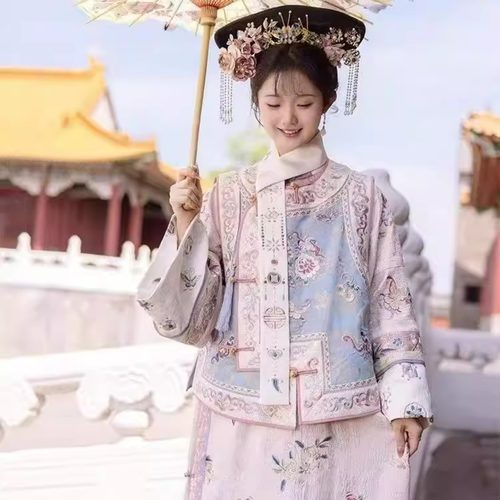 汉服女清代印花古装清朝延吉公主旗袍宫廷格格服两件套旅拍服装女
