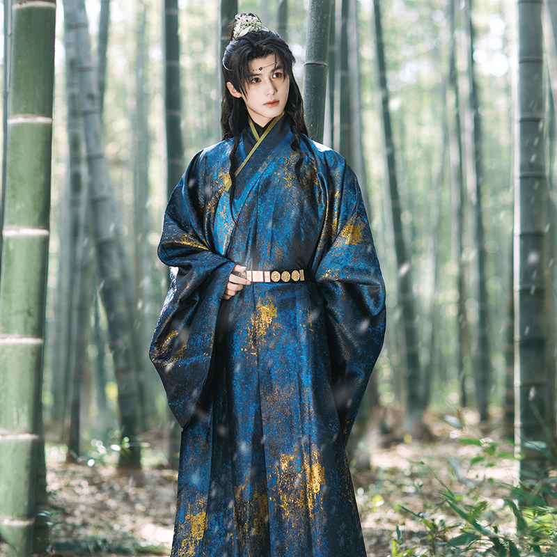 花神司【星河天下】加厚织金斗篷泼墨蓝金明制广袖道袍男款汉服