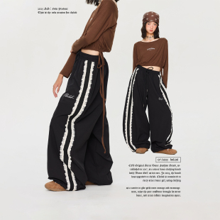 CBXLAB儿童街舞潮牌黑色蕾丝花边拼接爵士舞长裤 甜美街头速干运动