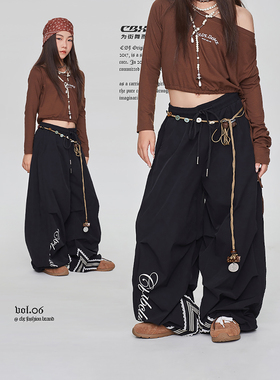 CBXLAB儿童街舞潮牌黑色蕾丝织带拼接嘻哈香蕉长裤早秋爵士运动裤