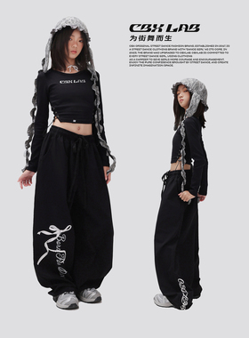 CBXLAB儿童街舞潮牌女童黑色爵士舞短款露脐上衣速干跳舞运动裤潮