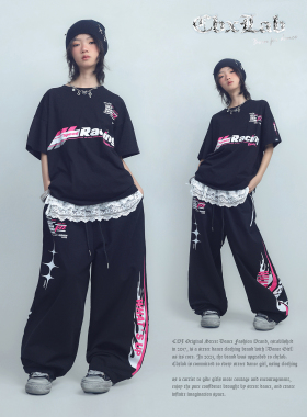 CBXLAB儿童街舞潮牌黑色玫粉印花赛车街头长裤嘻哈圆领T恤欧美潮