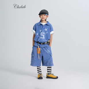 CBXLAB儿童街舞潮牌蓝色竹节棉亲肤POLO短袖重工短裤hiphop套装潮