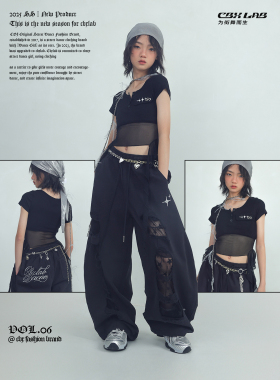 CBXLAB儿童街舞潮牌黑色牛仔贴布破洞JAZZ长裤美式嘻哈街头个性潮