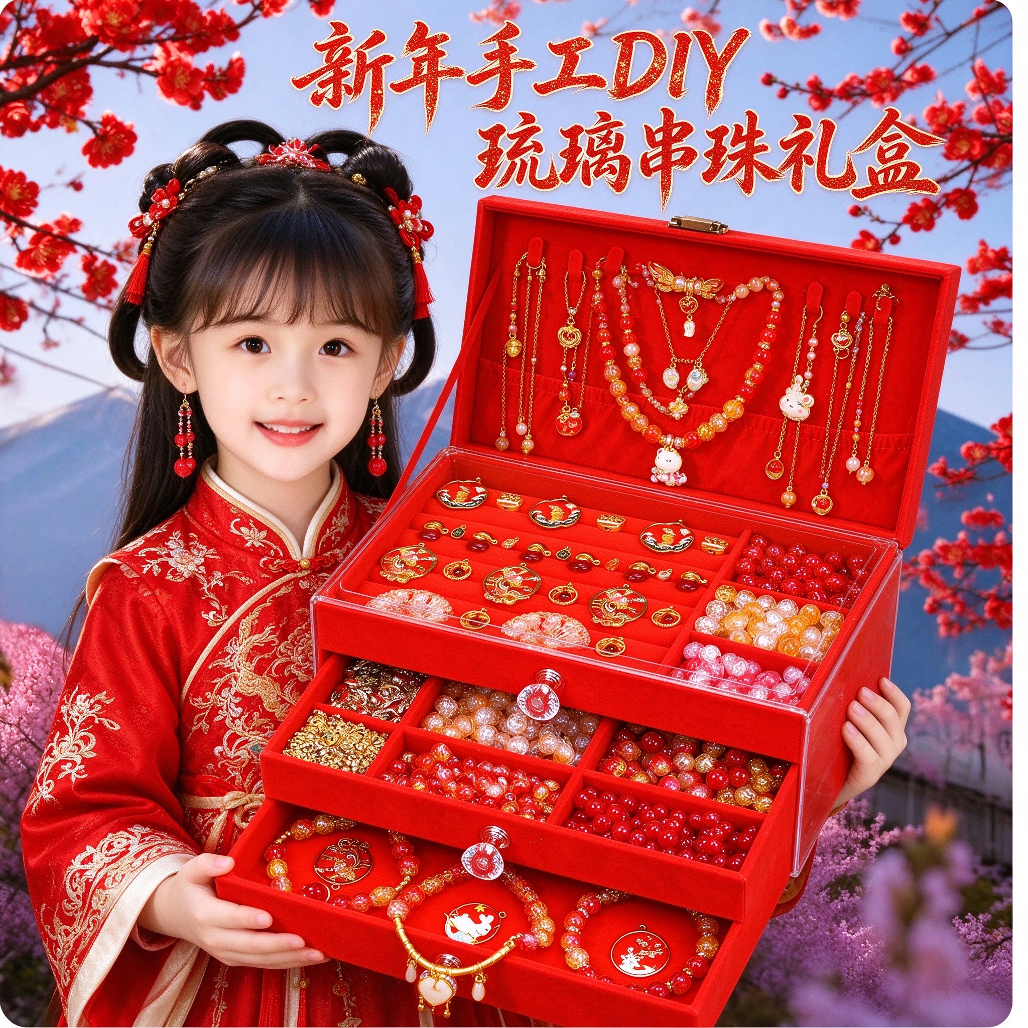 过年送礼!琉璃串珠首饰礼盒5小女孩自制DIY材料包女童穿珠子玩具