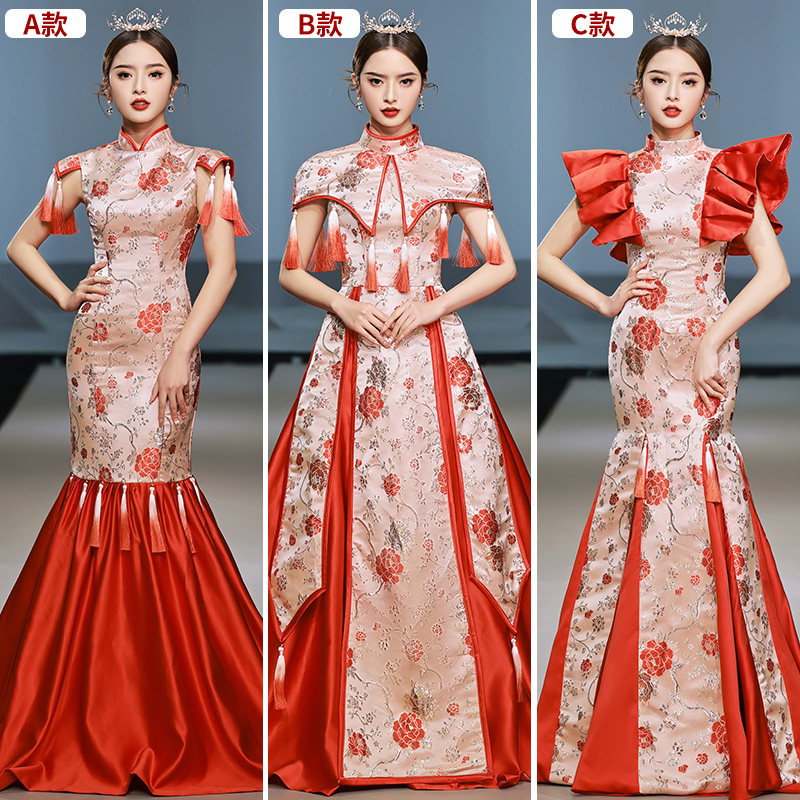 红色套系古风舞台演出服女高端大气模特T台走秀拖尾中国风晚礼服