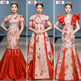 红色套系古风舞台演出服女高端大气模特T台走秀拖尾中国风晚礼服