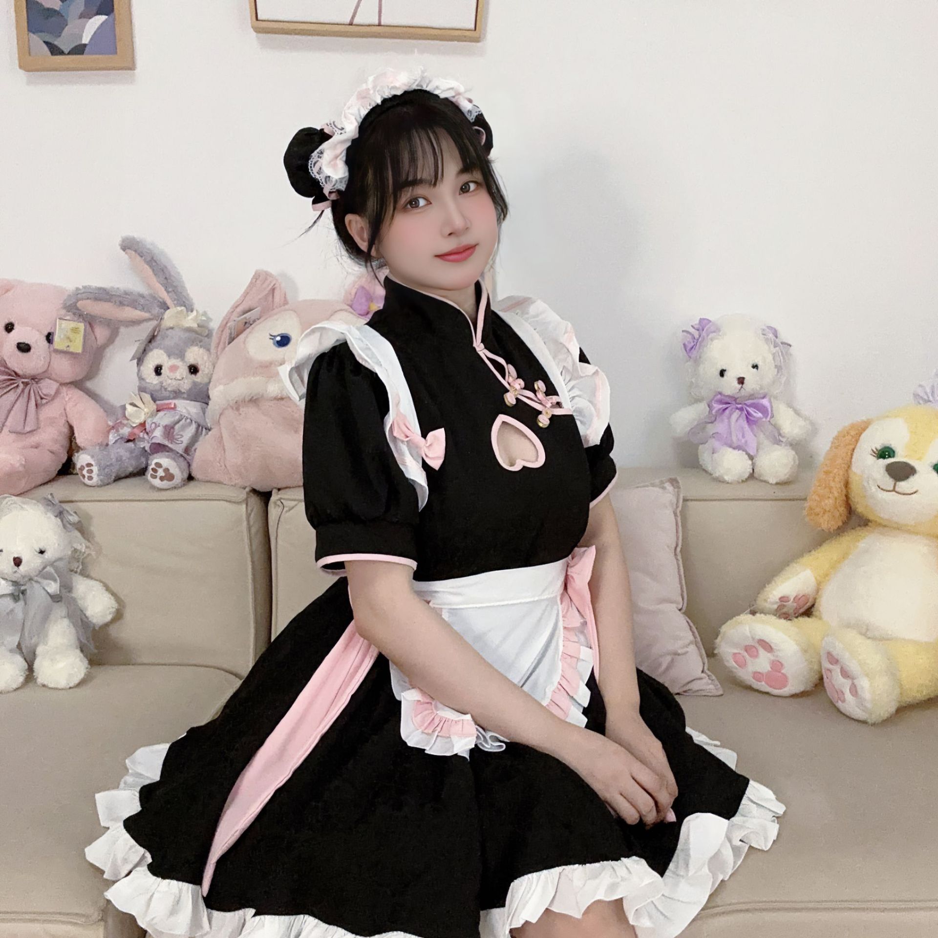 原创中华风女仆装洛丽塔COS镂空新中式旗袍女佣制服套装连衣裙