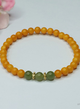 天然蜜蜡手链满蜜鸡油黄琥珀和田玉手串高端单圈真品男女士款