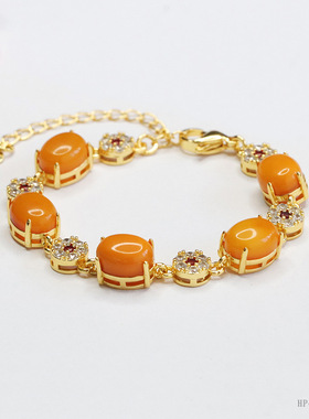 天然鸡油黄老蜜蜡手串琥珀镶嵌手链高端单圈真品男女士款